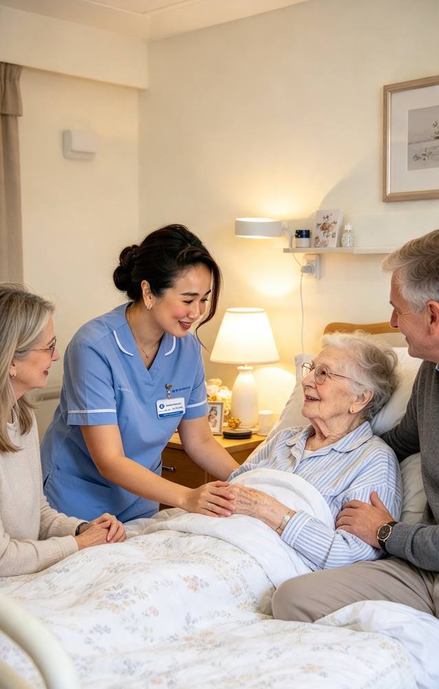 Illustration of a care worker with an older woman and her family at the bedside