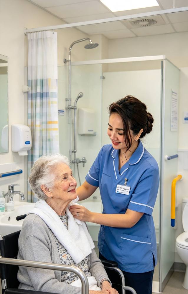 Illustration of a carer helping an older woman in a bathroom