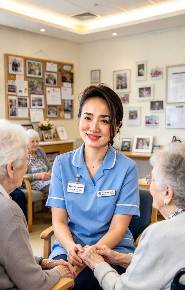 Illustration of a care worker holding hands with older people in a lounge