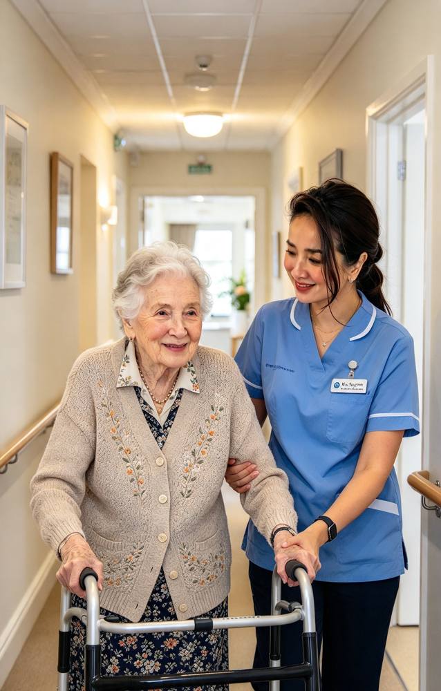 Illustration of a care worker helping an older woman walk with a frame