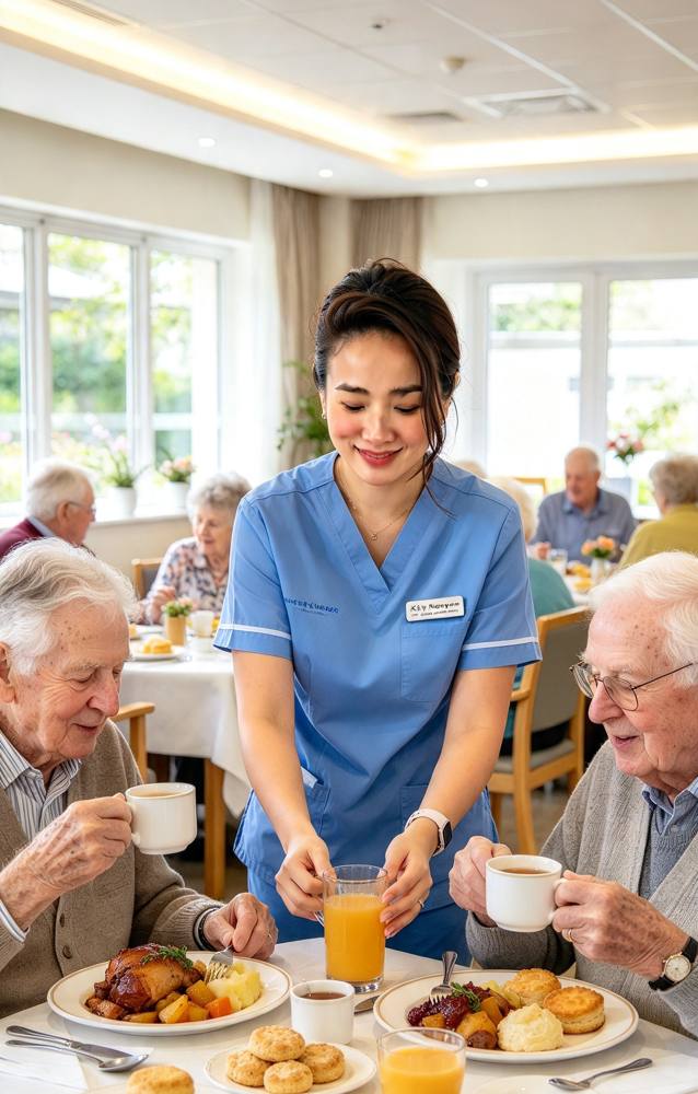 Illustration of a care worker serving a meal and drinks to older people in a dining room