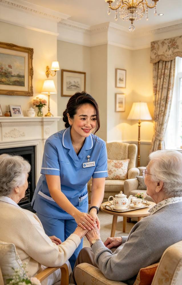 Illustration of a care worker greeting two older people over afternoon tea