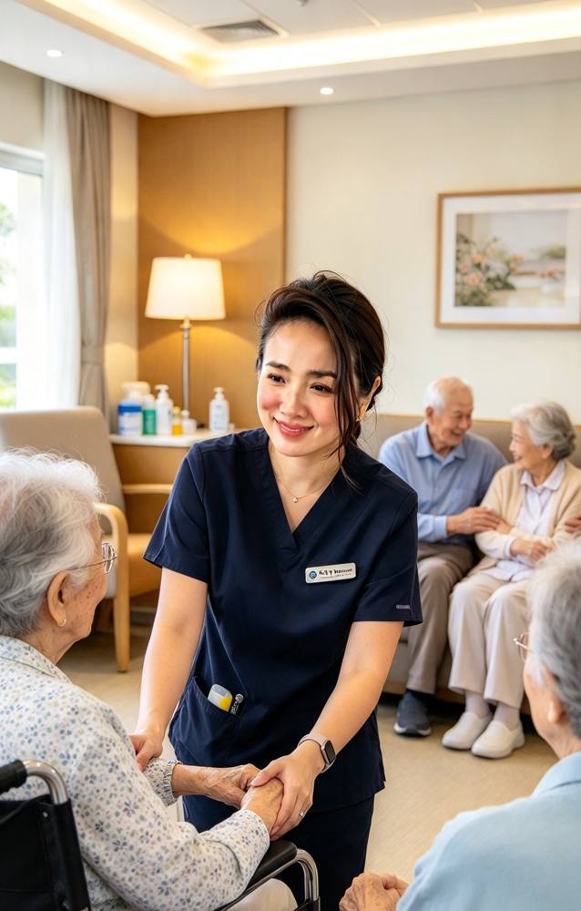 Illustration of a care worker holding hands with older people in a care home lounge
