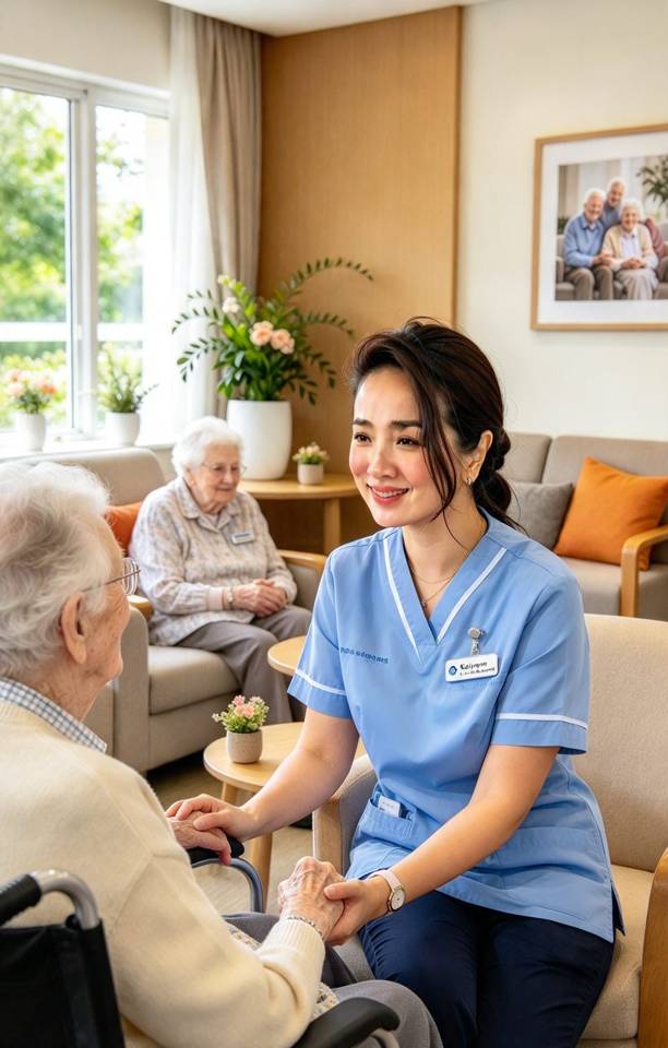 Illustration of a care worker supporting older people in an aged care setting