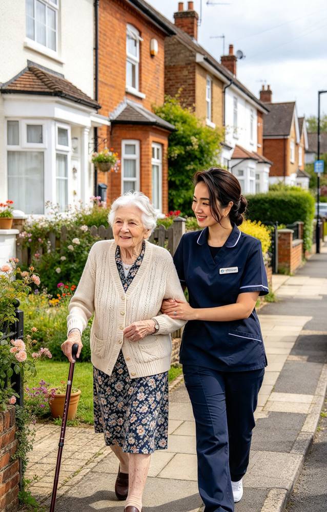 Illustration of walking arm in arm with an older woman in the street