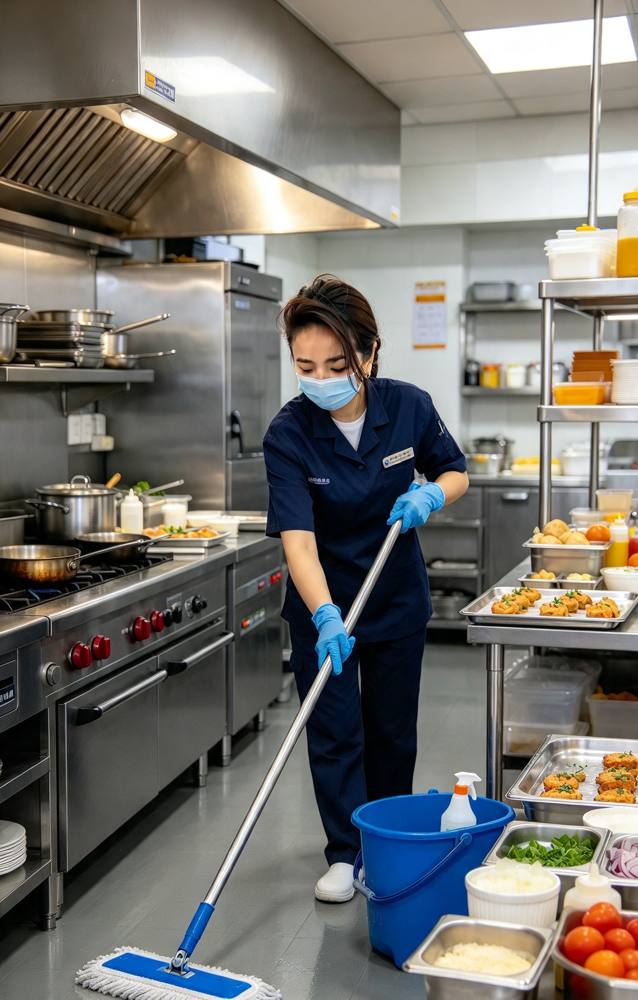 Illustration of Kelly Nguyen cleaning a commercial kitchen floor
