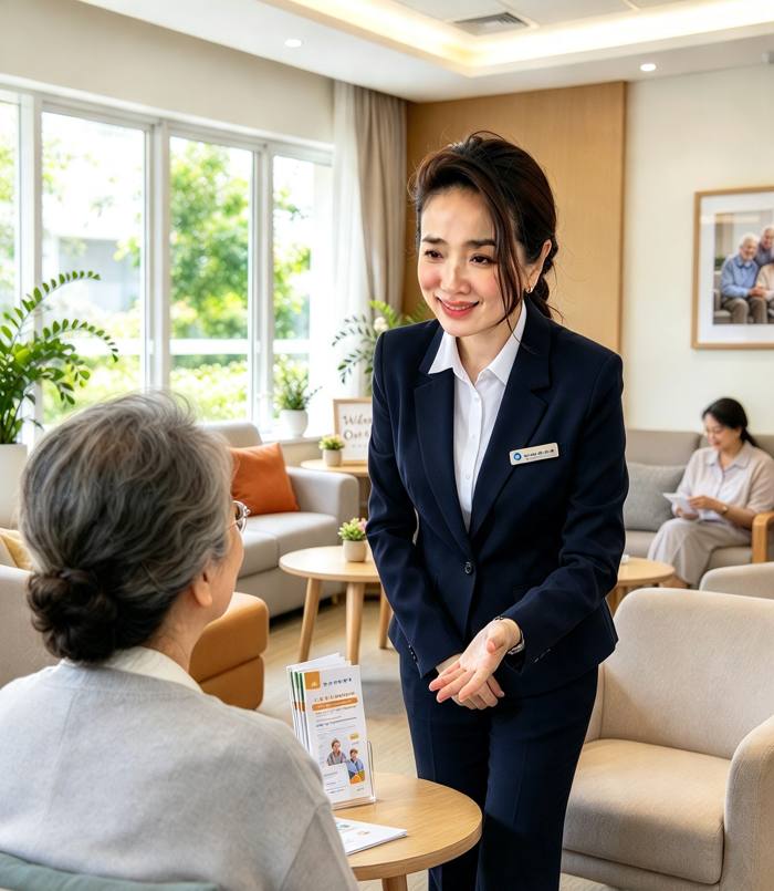 Illustration of Kelly welcoming a client and showing a brochure