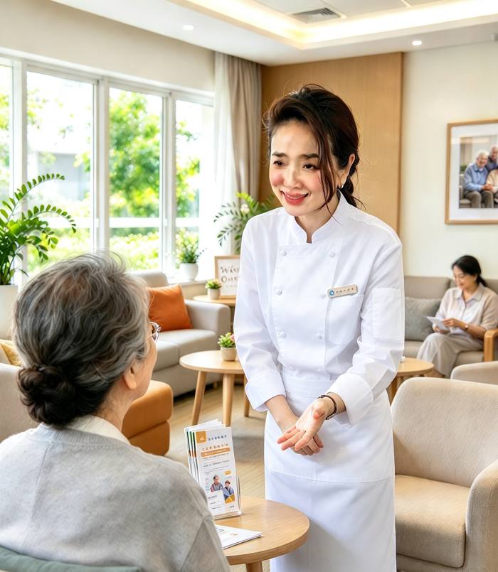Illustration of Kelly in chef whites welcoming an older client in a care home lounge