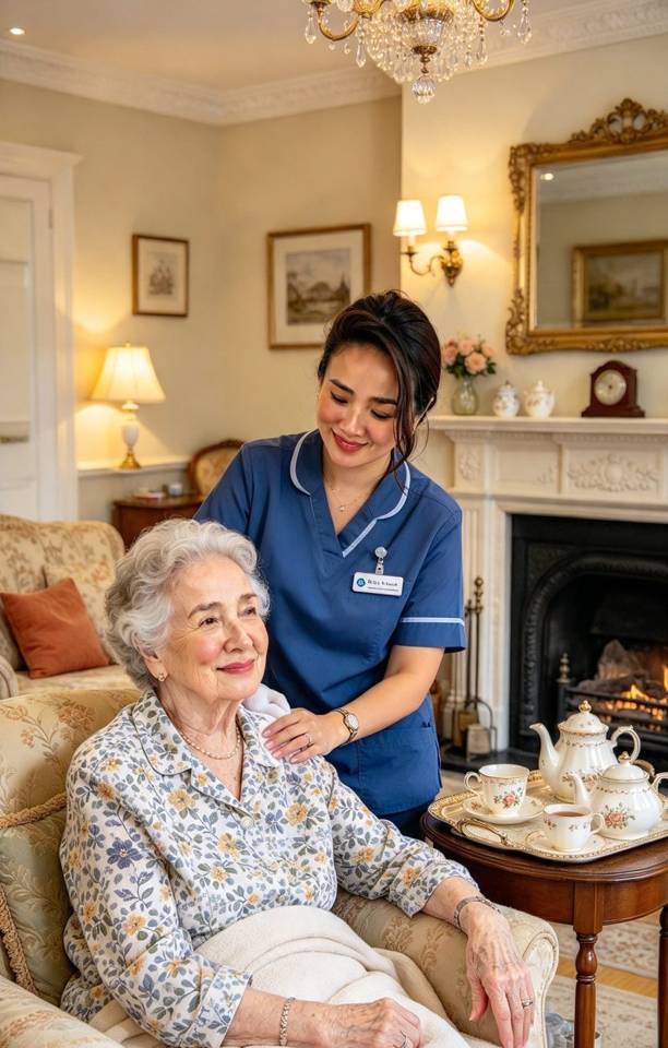 Illustration of a care worker supporting an older person at home