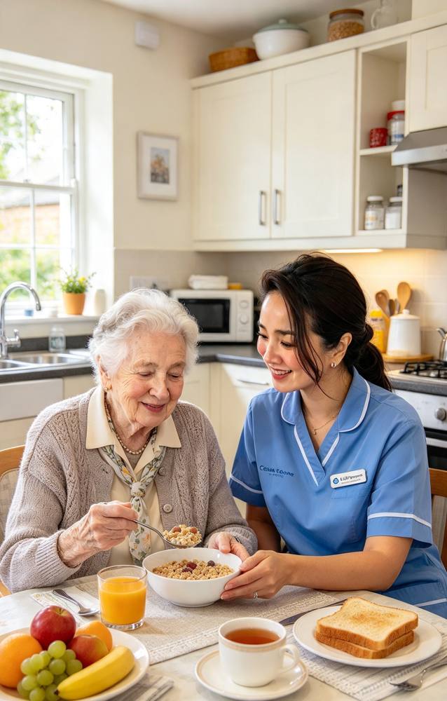 Illustration of a carer helping an older woman with a meal at home