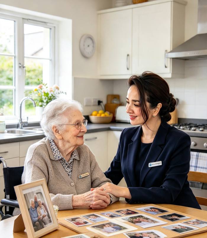 Illustration of a care worker holding hands with an older woman at the kitchen table