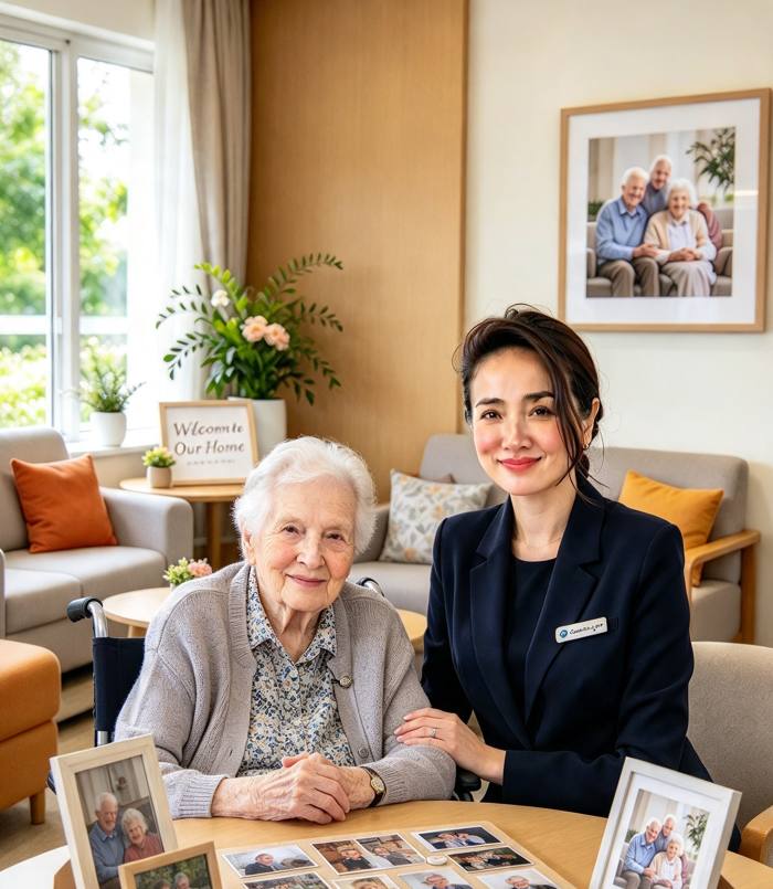 Illustration of a care worker sitting with an older woman in a care home lounge