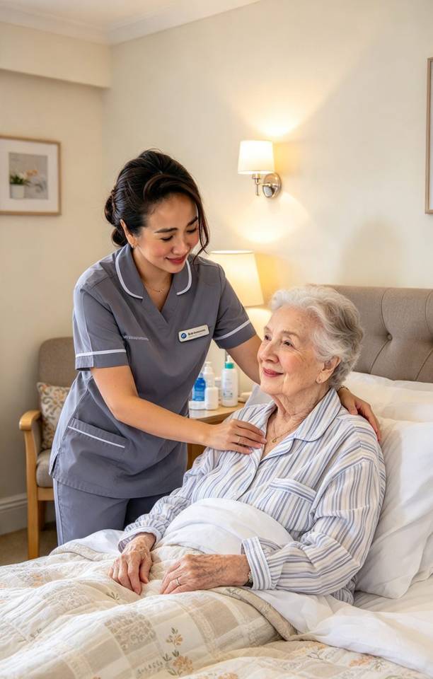 Illustration of a care worker supporting an older person at home