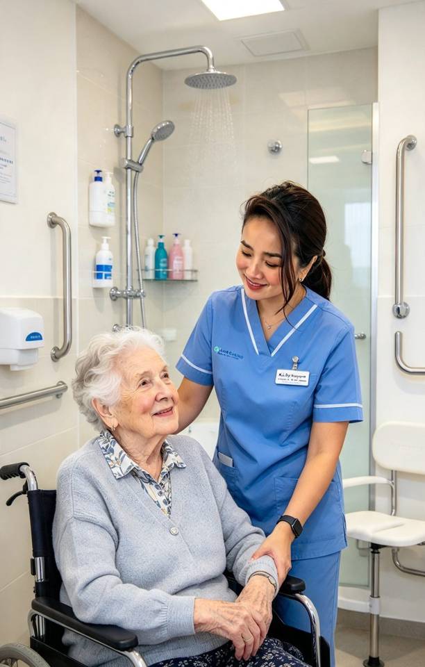 Illustration of a care worker supporting an older person at home