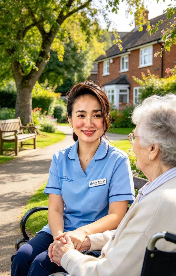 Illustration of a care worker supporting an older person at home