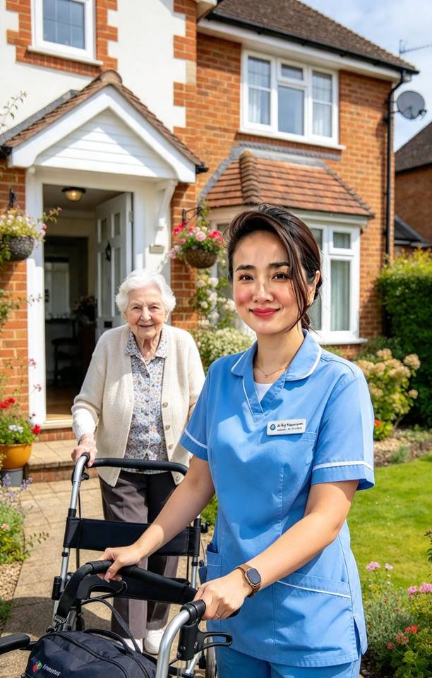 Illustration of a care worker supporting an older person at home