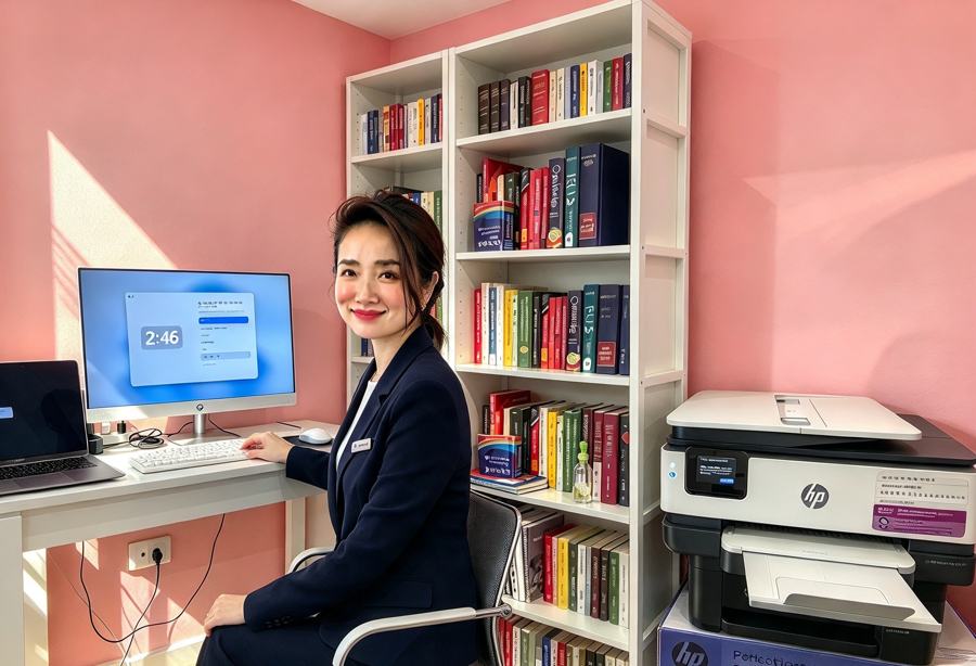 Illustration of Kelly working at her desk in the office
